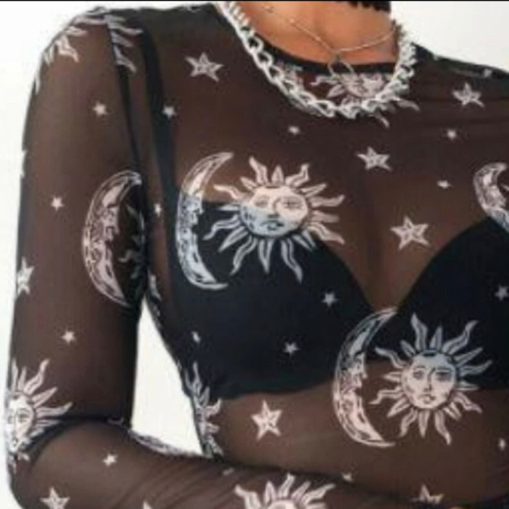 whimsygoth celestial sheer top vintage polly&esther moon sun stars mesh festival